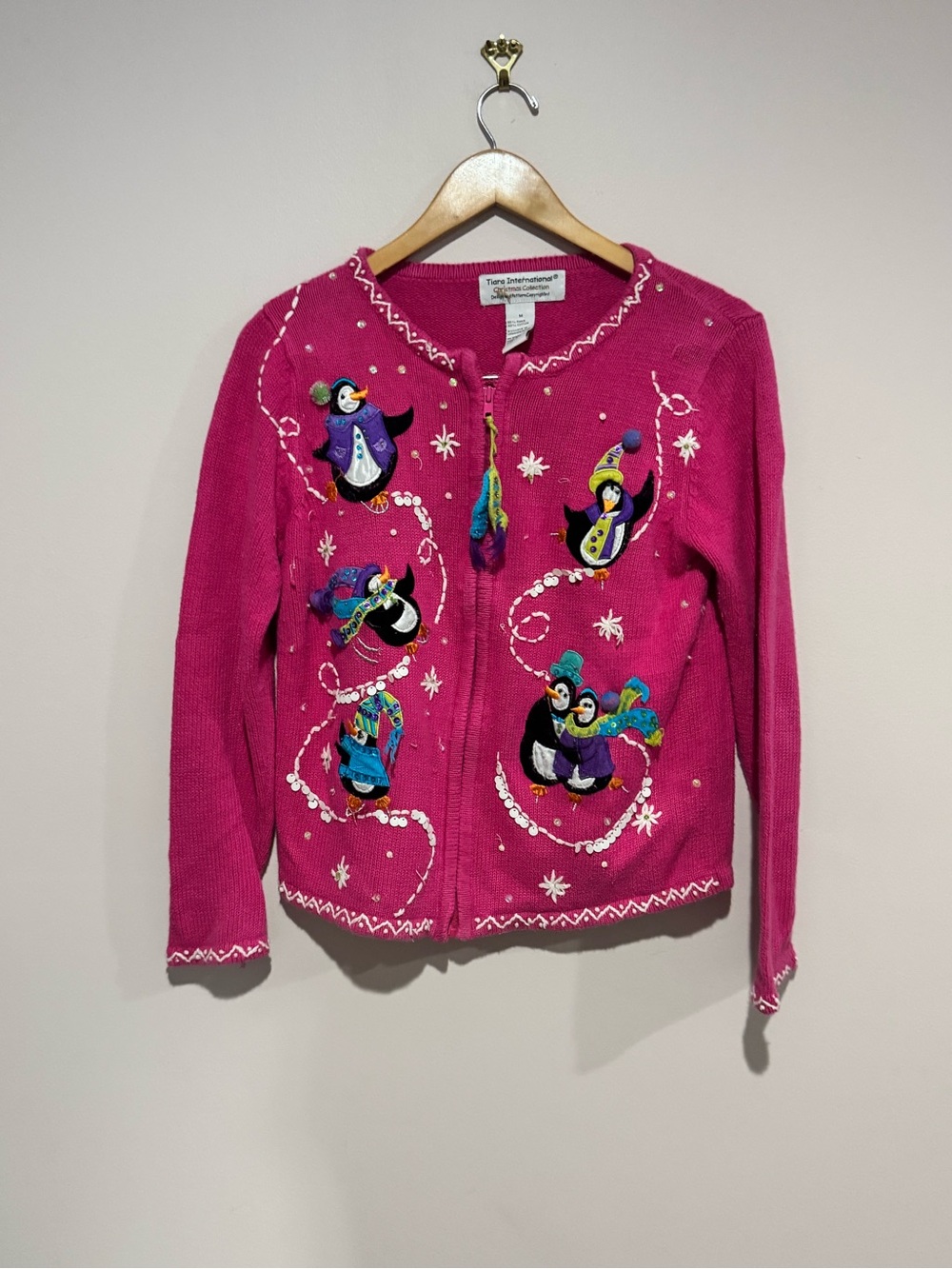 VINTAGE Tiara International Women's Christmas Zip front Cardigan Sweater medium